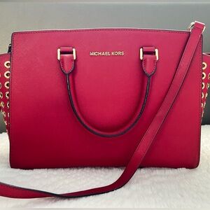 Michael Kors Red Satchel Tote Crossbody Bag Gold Grommet Studded Leather Purse